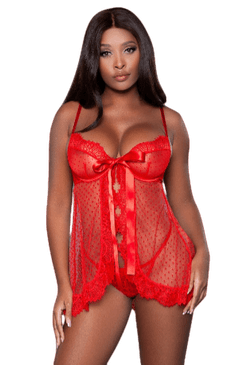 2 pc satin underwiring and front ribbon design babydoll with sheer polka dot mesh, eyelash-lace trim and matching thong.