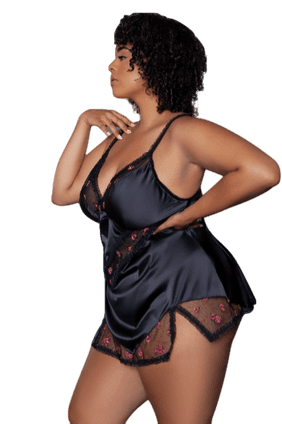 V-Neck Babydoll Set with Rose Embroidery