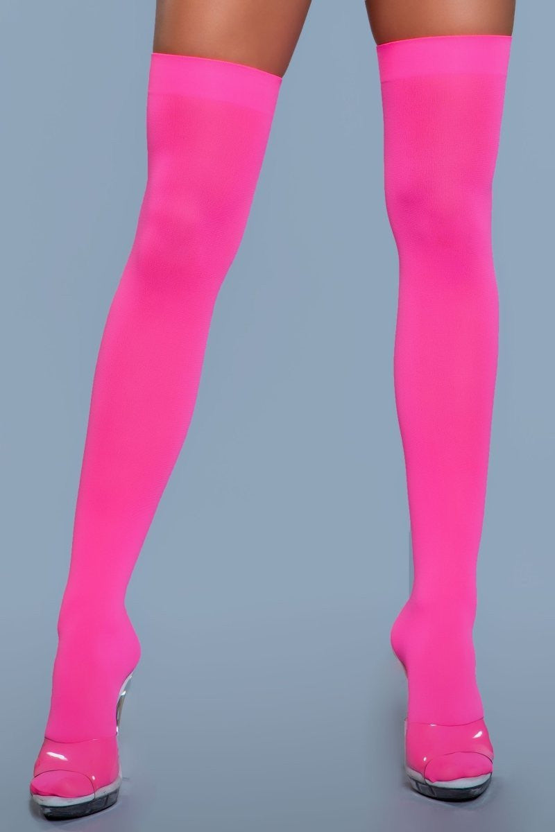Opaque Nylon Thigh Highs Neon Pink