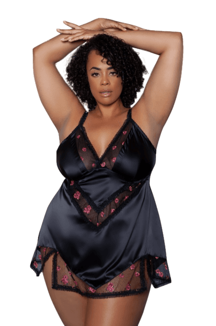 V-Neck Babydoll Set with Rose Embroidery